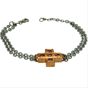 Bracciale metallo con croce e zirconi rosa - immagine 1