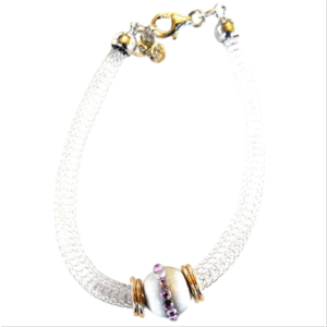 Bracciale argento e caucciù con sfera argento e zirconi rosa - immagine 1