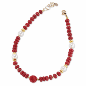 Collana finitura oro con giada rubelite, perla di maiorca e more rosse - immagine 1